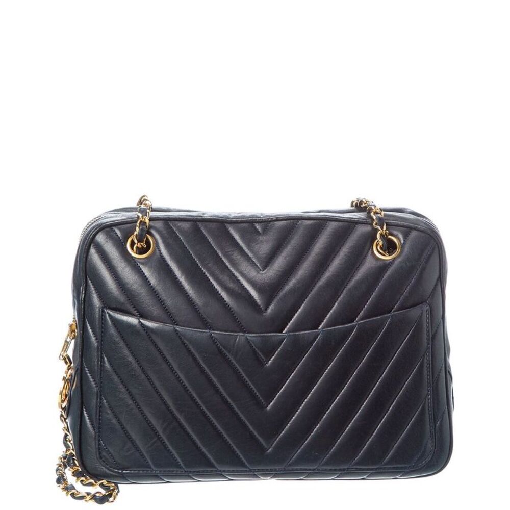 Chanel Navy Quilted Lambskin Chevron Leather Camera Case (Authentic Pre-Loved)